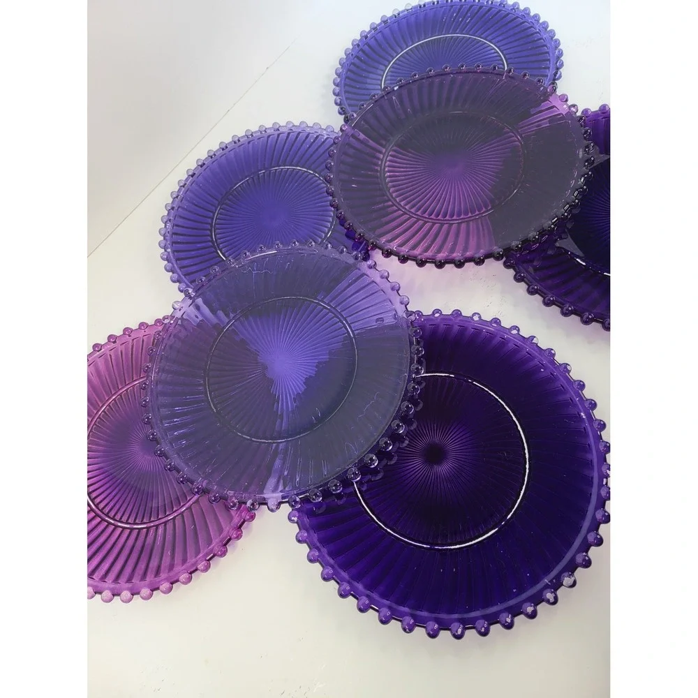 Purple Glass Salad Plates Set of 7 Beaded Rim Sunburst Ribbed Amethyst 8.25 inch